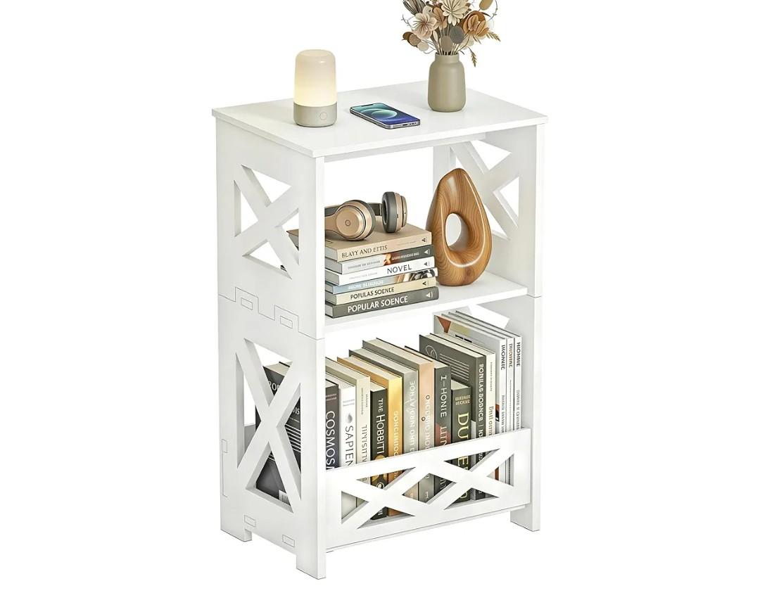 BYFU White Side Table, Small End Table with Storage Shelf, 3-Tier Nightstand Bedside Table Bookshelf Bookcase Display Rack for Small Spaces Bedroom Bathroom Living Room Office
