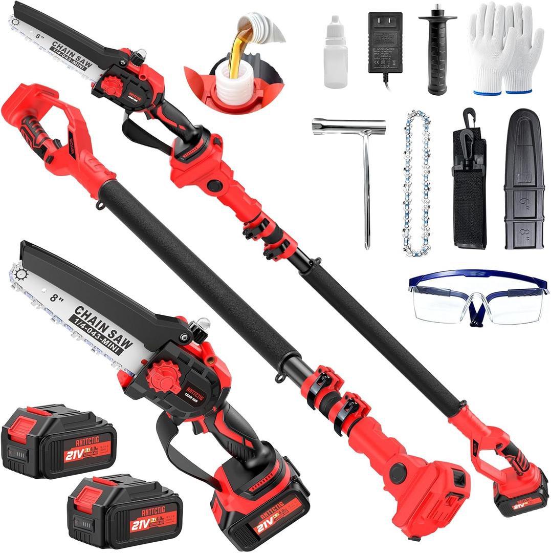 2-in-1 Cordless Pole Saw, 8 Inch Mini Chainsaw, 6.6-Ft Electric Pole Saws
21V 4.0Ah Battery Powered, Electric Tree Pruner for tree Trimming, Branch, Limb and Wood Cutting in Gardens and Orchards