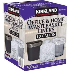 Kirkland Signature RutaVm 10 Gallon Clear Plastic Trash Bags, 23 x 25 Inches, 0.34 Mil, 125/Roll, 4 Rolls/Case (500 Bags Total, bulk packaging)