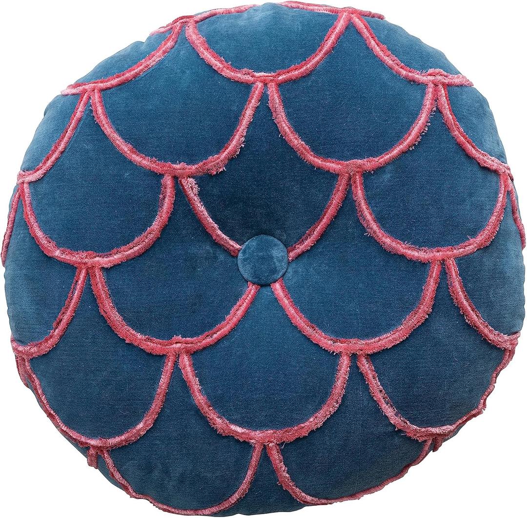 18 Inches Round Cotton Pillow with Tufted Scallop Pattern, Navy Blue and Pink, Standard