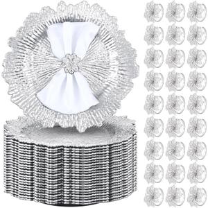 Dandat 100 Pcs/ 50 Set Charger Plate Bulk 13'' Floral Reef Plates with Napkin Ring Plastic Dinner Charger Hollow Out Flower Napkin Holder Plastic Plate for Table Setting Wedding Party (Silver)