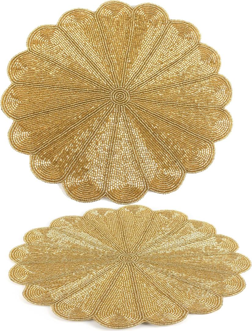Round Table Mats Set of 2, Beaded Placematss for Dining Table, 13 Inches Beaded Placemats for Farmhouse Decor and Kitchen Table Dcor, Dining Tables, Non-Slip Place mats, Gold - ALPHA Living HOME