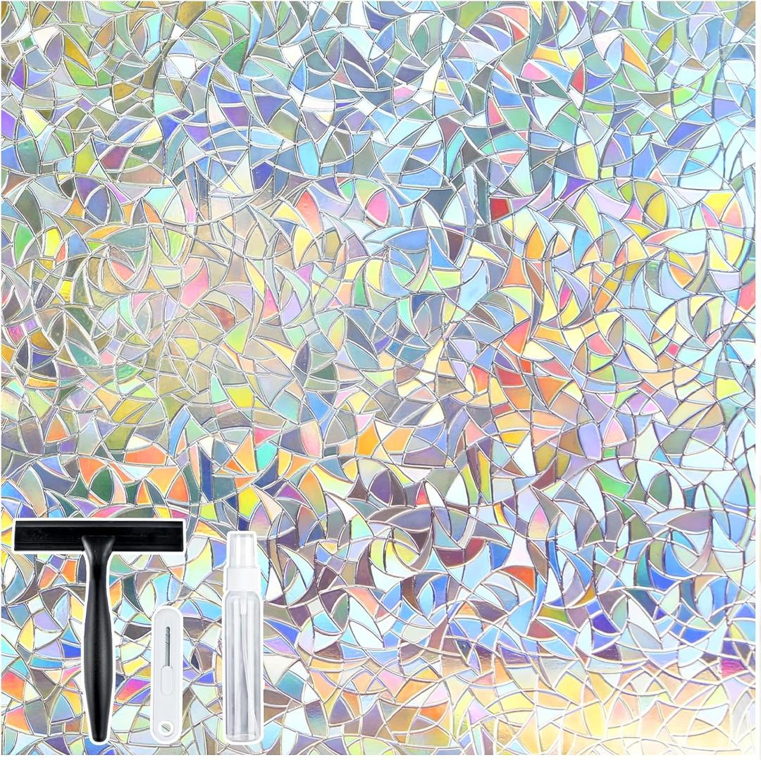 rabbitgoo Window Privacy Film Stained Glass Rainbow 3D Prism Decorative Iridescent Window Sticker Static Cling Suncatcher UV Protection for Home Heat Control, 23.6" x 157.5"