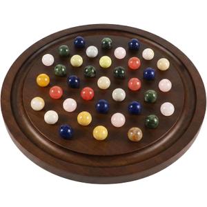 15.7 Inches Extra Large Solitaire Marble Game Set Wood with 36 Multicolors Natural Stone Marbles Pieces Adults Classic Deluxe Game for Night Party and Gatherings