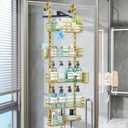 Consumest Over The Door Shower Caddy - 5 Tier Adjustable Shower Organizer Hanging with 2 Toothbrush Holders & 4 Hooks, Rustproof Organizer Shelf, Storage Rack for Bathroom, Gold