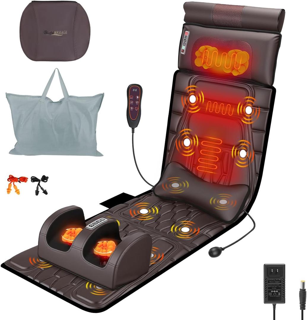 Full Body Massage Mat with Heat, Detachable Shiatsu Neck and Foot Massager, Vibration Massage Mat for Back Pain Relief, 9 Modes 3 Timers, Inflatable Lumbar Pillow, Home Office Gift for Mom Women