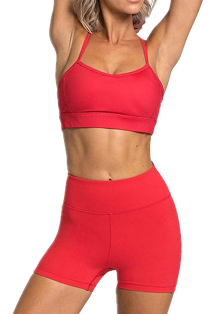 IMEKIS Women's Workout Sets 2 Piece Yoga Outfit High Waisted Biker Shorts Leggings Sports Bra Gym Fitness Clothes Tracksuit, L, Red