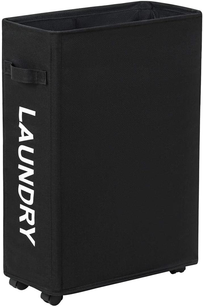 Slim Rolling Laundry Hamper - Roll Hamper On Wheels - Standable Corner Bin - 52L Handy Storage Basket - Slim Laundry Basket - Waterproof Dirty Clothes Hamper - 15822" (22 Inches, Black)