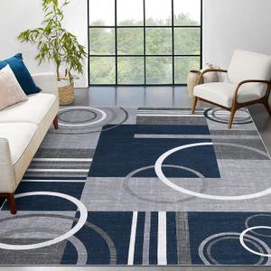 RUGSREAL 10x13 Rugs for Living Room Washable Rug Abstract Circles Rug Contemporary Modern Area Rugs Stain Resistant Low Pile Throw Carpet for Bedroom Home Decor, Navy
