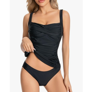 Tankini Swimsuits for Women Tummy Control Bathing Suits Halter Ruched Tops Two Piece Swimwear Sets, Black, Size M