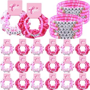 Hoteam 24 Sets Christmas Polymer Clay Beaded Stretch Bracelets Xmas Soft Red Green Hair Scrunchies Friendship Bead Bracelets Velvet Scrunchies for Party Supplies Decorations(Breast Cancer Awareness)