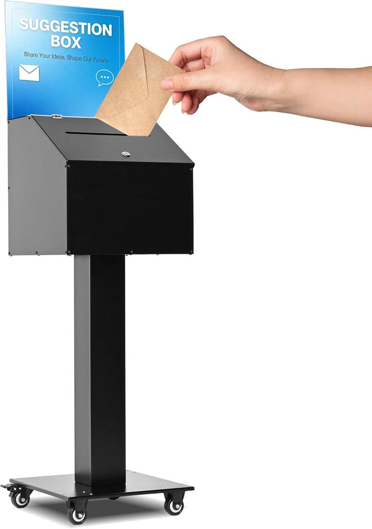 Lockable Iron Suggestion Box  Mobile ballot box with 4 Wheels and 2 Brake Wheels, Raffle Box with Sign Holder Display Stand