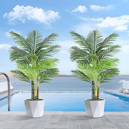 Keeplush Triple Golden Cane Palm Artificial Tree 4ft Tall Large Faux Tropical Palm Tree UV Resistant Fake Plant in Pot for Indoor Outdoor Big House Living Room Patio Office Home Outside Decor 2Pack