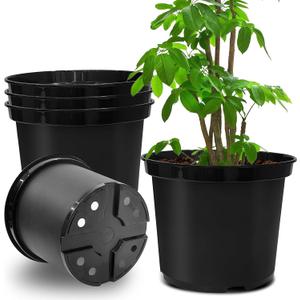 RooTrimmer 5 Gallon 12 Inch Plastic Nursery Pots, Plant Containers with Drainage Holes, Round Sturdy Garden Planters for Indoor/Outdoor Greenery, Gardening Gifts for Women (5-Pack, Black)