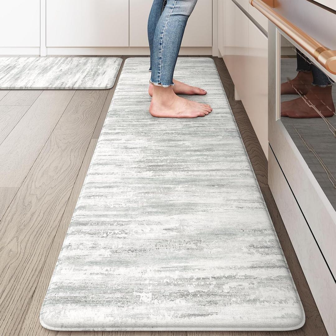 KIMODE Kitchen Mats Cushioned Anti Fatigue, Abstract Grey Farmhouse Kitchen Rugs Sets of 2, Non Slip Kitchen Mats for Floor, Padded Kitchen Floor Mat for Sink Laundry Desk 17"x59"+17"x29"
