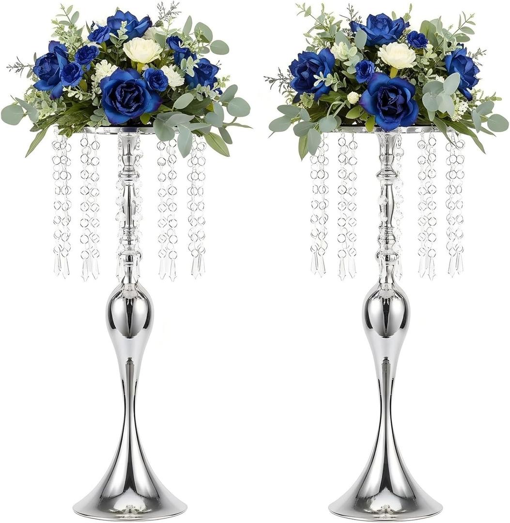 LANLONG Set of 2 Crystal Centerpieces for Tables Silver Metal Flower Vase Stand for Wedding Party Reception Home Decor