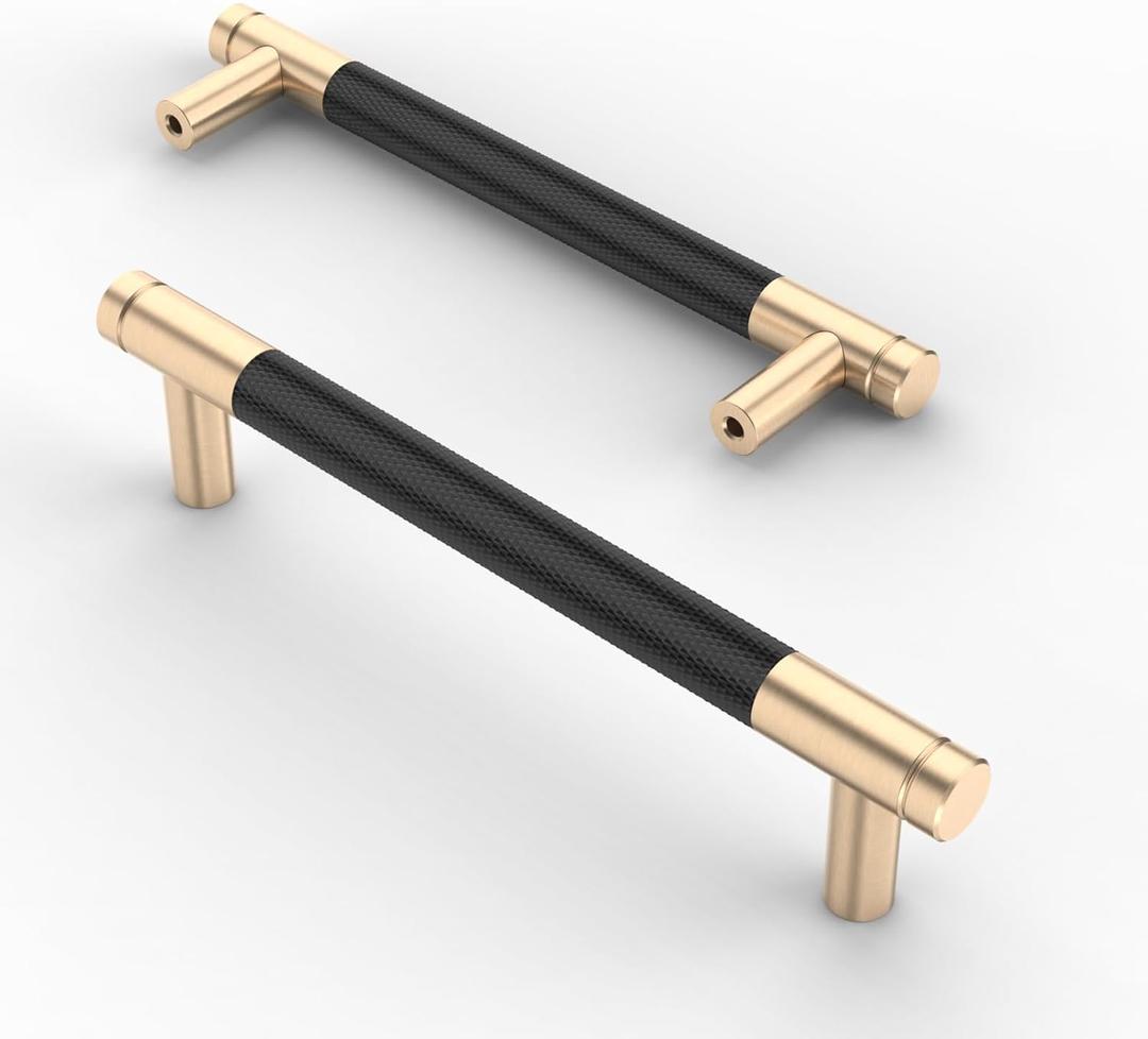 Asidrama 10 Pack 5 Inch(128mm) Matte Black Cabinet Pulls Knurled Cabinet Handles Gold Cupboard Handles Kitchen Cabinet Hardware for Cupboard Drawer Pulls (5" Hole Center)