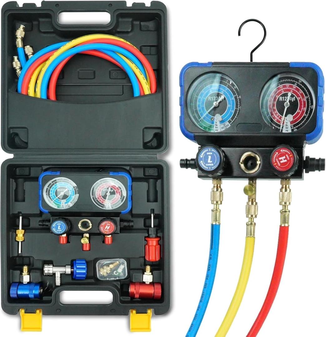 CALPOSE R1234yf AC Gauge, 3 Way AC Manifold Gauge Set for R1234yf Refrigerant, Refrigerant Gauges with 5FT HosesR410a Adapter, Puncturing Can Tap, Anti-Collision Dials Provide More Accurate Reading