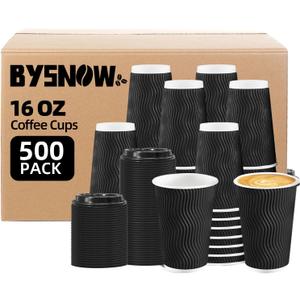 BYSNOW 500 Pack 16 oz Coffee Cups with Lids, Disposable Insulated Hot Cups To Go Paper Coffee Cups, Corrugated Ripple Wall Cup for Hot Drink, Office, Coffee Bar (Black 16 oz)