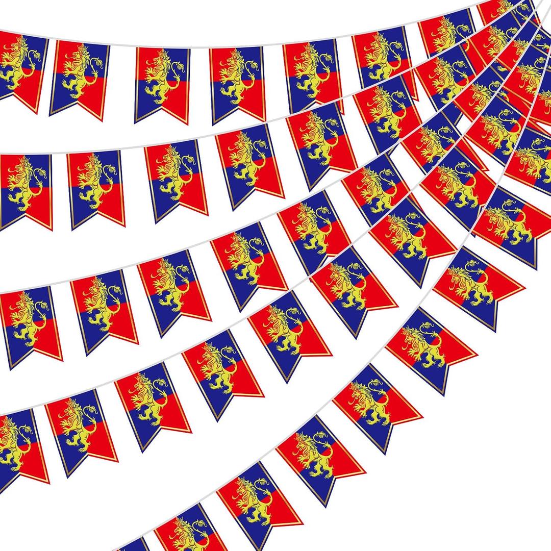 Hestya 5 Pcs 49ft Medieval Party Decorations Fantasy Pennant Banners with Lion Design Knight Bunting Banner Garland Hanging Decorations Photo Prop for Fairytale Birthday Party Decor Supplies