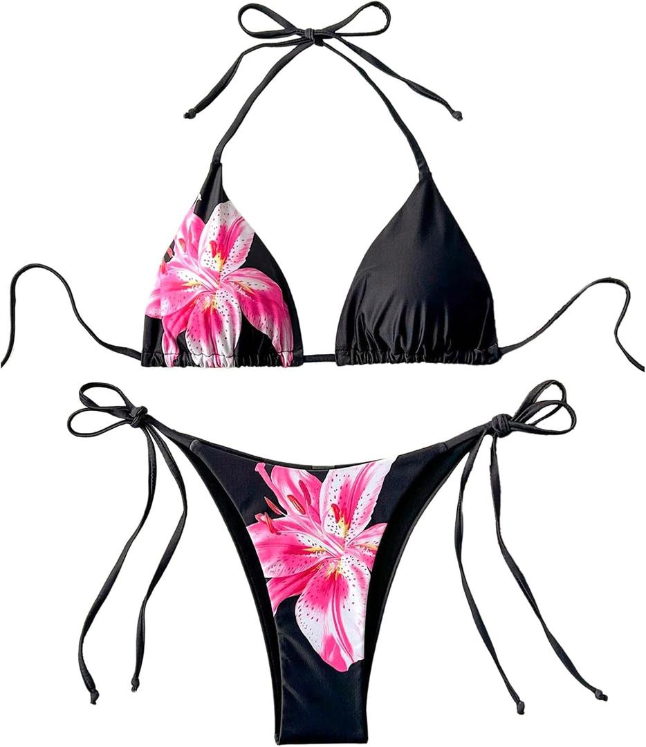 Verdusa Women's 2 Piece Floral Halter Triangle Bikini Sets Backless Self Tied Swimsuit Bathing Suits (XL)