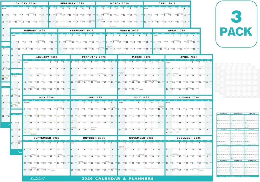 3pcs 32" x 48" 2026 Wall Calendar, Folded Wet & Dry Erase Wall Calendar 12 Month, Annual Yearly Planner Yearly Laminated Calendar 2026 Horizontal/Vertical, with Julian Dates