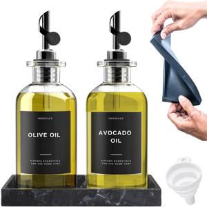 Clear Glass Olive Oil Dispenser Bottles For Kitchen With Silicone Tray & 40 Labels, Soy Sauce Dispenser, Coffee Syrup Dispenser, Olive Oil Bottles Set Of 2, Black