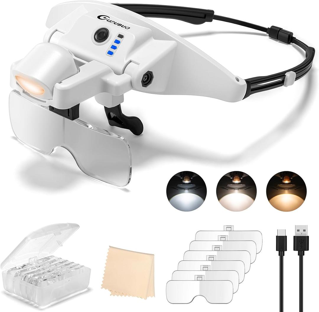 Magnifying Glass with Light, 1X-4X Magnifying Glasses, Rechargeable Magnifier Headset with Magnetic Headband, Detachable 6 Lenses, 3 Light Modes Magnify Glasses for Close Work Crafts Sewing