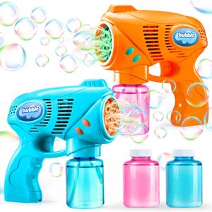 JOYIN 2 Bubble Guns with 2 Refill Solution (10 oz Total), Automatic Bubble Maker Blower Machine for Kids, Toddlers, Outdoors, Party, Birthday Gift, Easter Toys (Blue, Yellow)