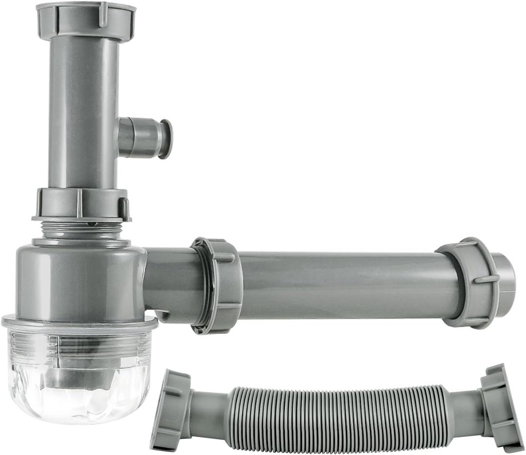 1 1/2" Kitchen Sink Drain Kit P-Trap Strainer Adjustable Height with 304 Stainless Steel 3-1/2" Sink Drain Assembly Kit for Kitchen Bar and RV (Gray)