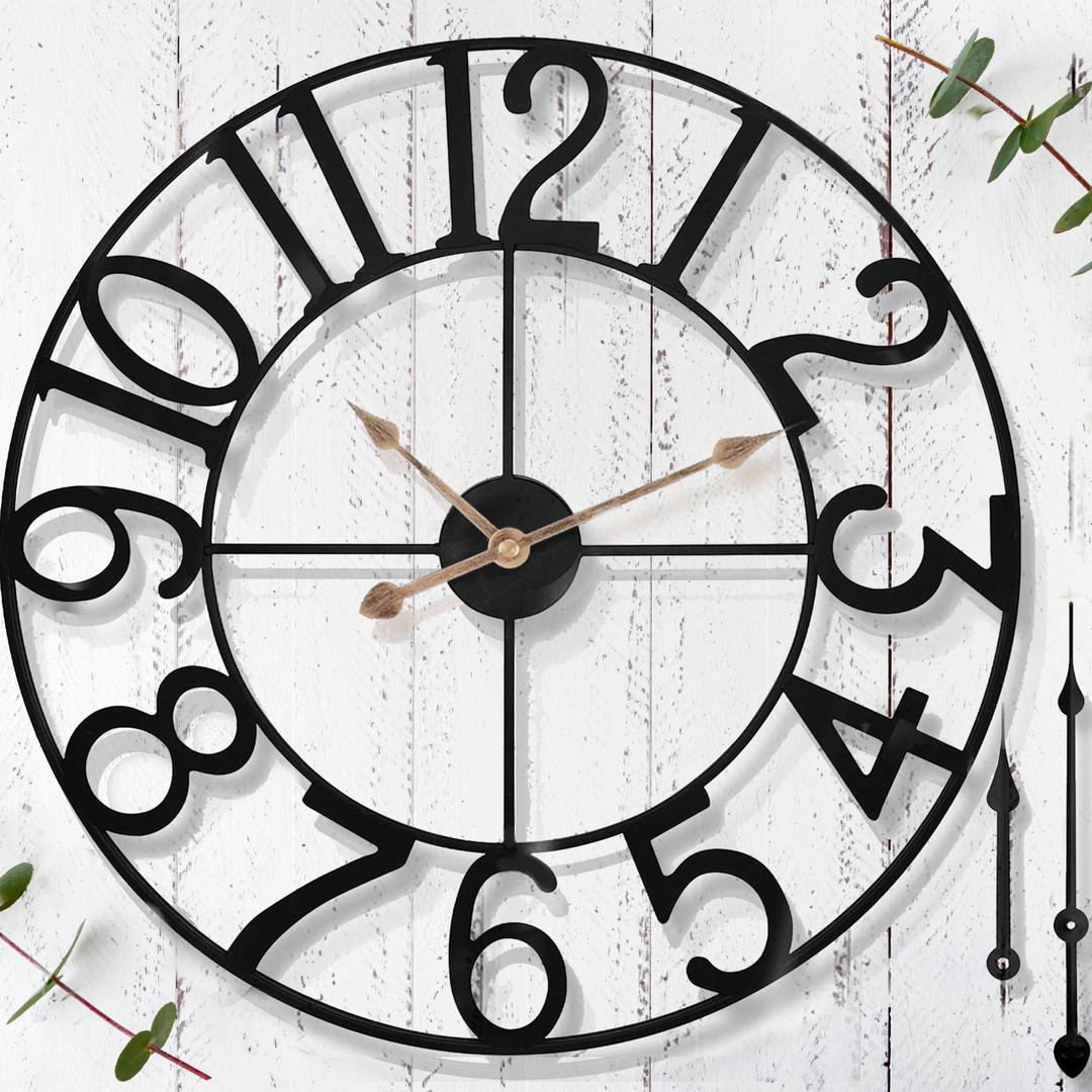 24 in Large Outdoor Clock Retro Outdoor Indoor Wall Clock for Patio/Pool Area Farmhouse Decorative Outdoor Clocks Sient Battery Operated Vintage Industrial Outside Clock for Garden, Backyard