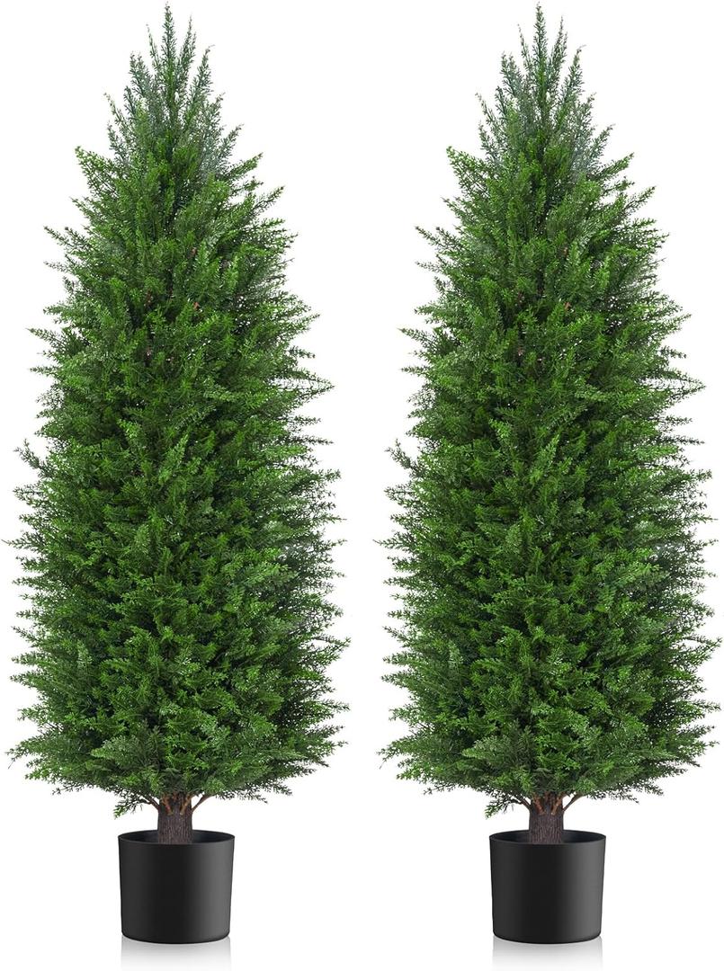 4FT Artificial Topiary Cedar Plants Outdoor, Faux Pine Trees UV Resistant and Potted, 48 Inch Tall Fake Shrubs Evergreen for Front Porch Decor Set of 2