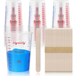50 Pack Plastic Mixing Cups, 20 oz (600ml), Disposable Measuring Cups with 50 Wooden Mixing Sticks, Measurement ratios: 2:1, 3:1, 4:1, Suitable for Epoxy Resin, Liquid Measuring, and Paint