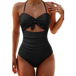 Tempt Me Women Sexy Cutout One Piece Swimsuits Tummy Control High Waisted Halter Front Tie Knot Bathing Suit (Large, Black)