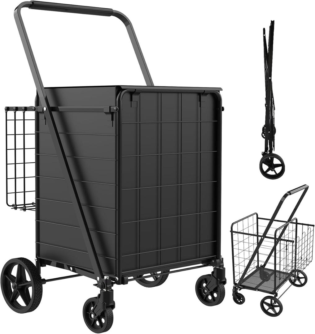 Foldable Shopping Cart with Waterproof Bag, 360 Swivel Wheels & Double Basket, 300lbs Capacity for Groceries, Heavy Duty Utility Grocery Carts for Shopping, Laundry, Camping, Luggage
