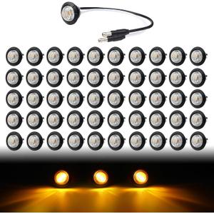 TMH 3/4 Inch LED Marker Clear Lens Amber Light with Connector Plug Clearance Markers Side Marker Indicator Light Waterproof Universal Fits RV, Boat, Pickup Truck 12V DC (Pack of 50)