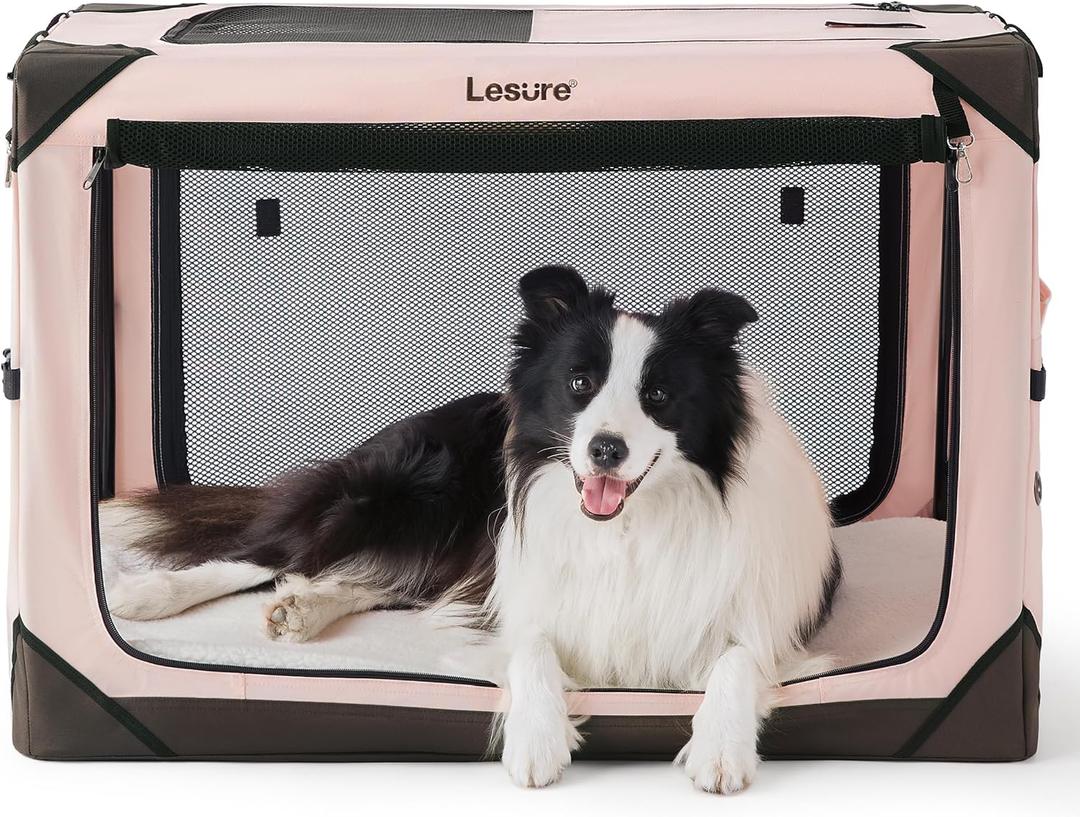 Lesure Collapsible Dog Crate - Portable Travel Kennel for Large Dog, 4-Door Pet Crate with Durable Mesh Windows, Indoor & Outdoor, Pink (36.0"L x 25.0"W x 25.0"H, Pink)