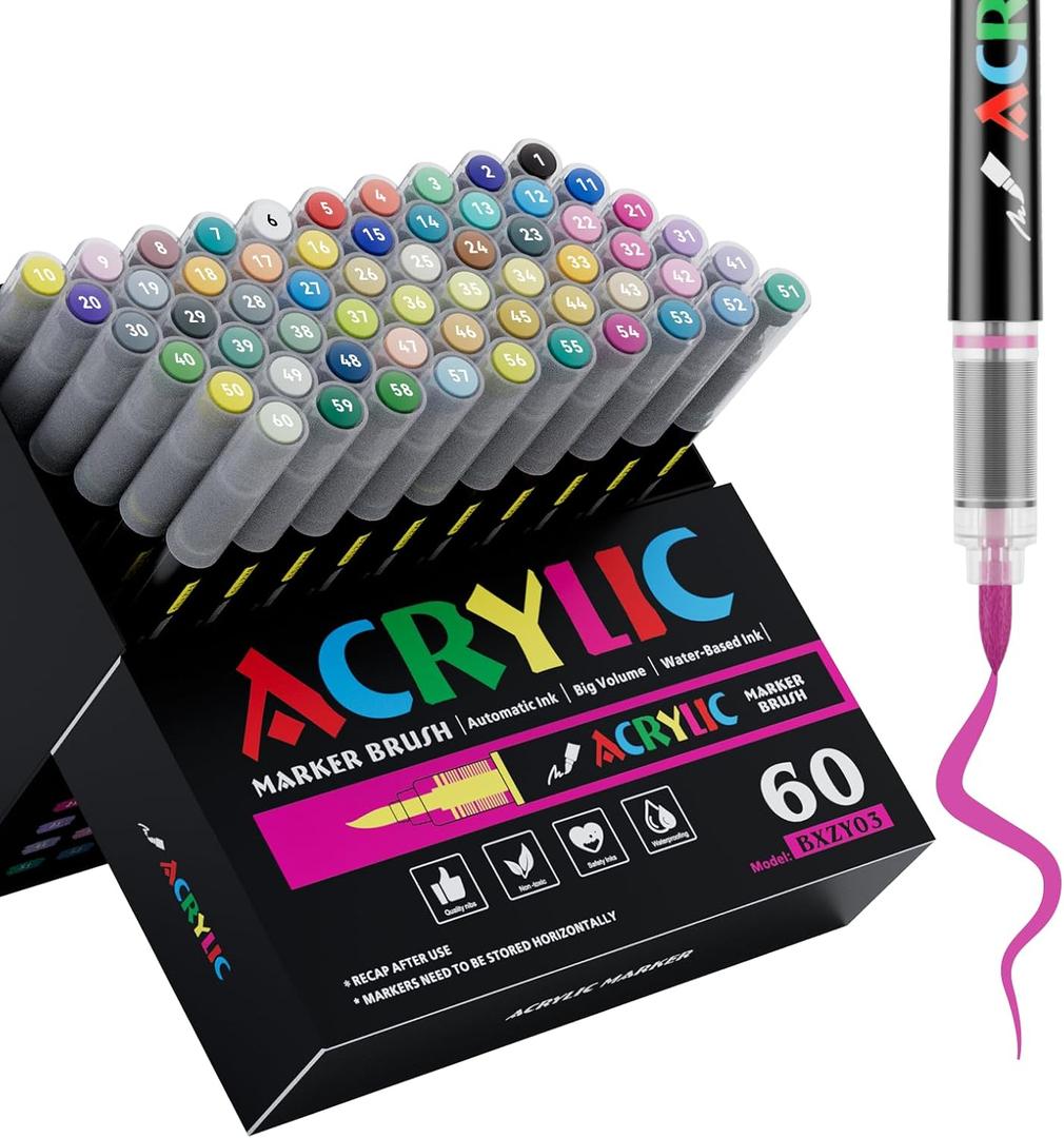 60 Colors Acrylic Marker With Brush Tip Automatic Ink Control, Water Based Ink Paint Markers For Rock Painting, Canvas, Wood, Ceramic, Glass, Stone, Fabric, DIY Crafts Textile & Art Supplies