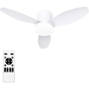 Glowall Small Ceiling Fan with Lights, 25 Inch Flush Mount with Remote Control, Reversible Quiet DC Motor, White, 3 Blades, 6 Speeds, Dimmable LED, Adjustable Color Temperature, Timer