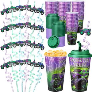 Yungyan 16 Sets Green Purple Monster Truck Party Favors Goodie Cups with Lids and Straws for Halloween Party Decorations Reusable 16oz Plastic Candy Cups Plastic Straws for Birthday Gift(Truck)