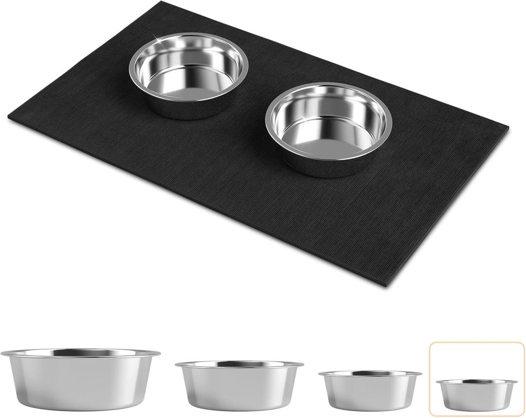 Stainless Steel Dog Bowls with Mat - Non-Slip EVA Rubber Bottom, Food & Water Bowl for Dogs, Cats - Dishwasher Safe (17oz bowl + 11.8*19.6'' mat)