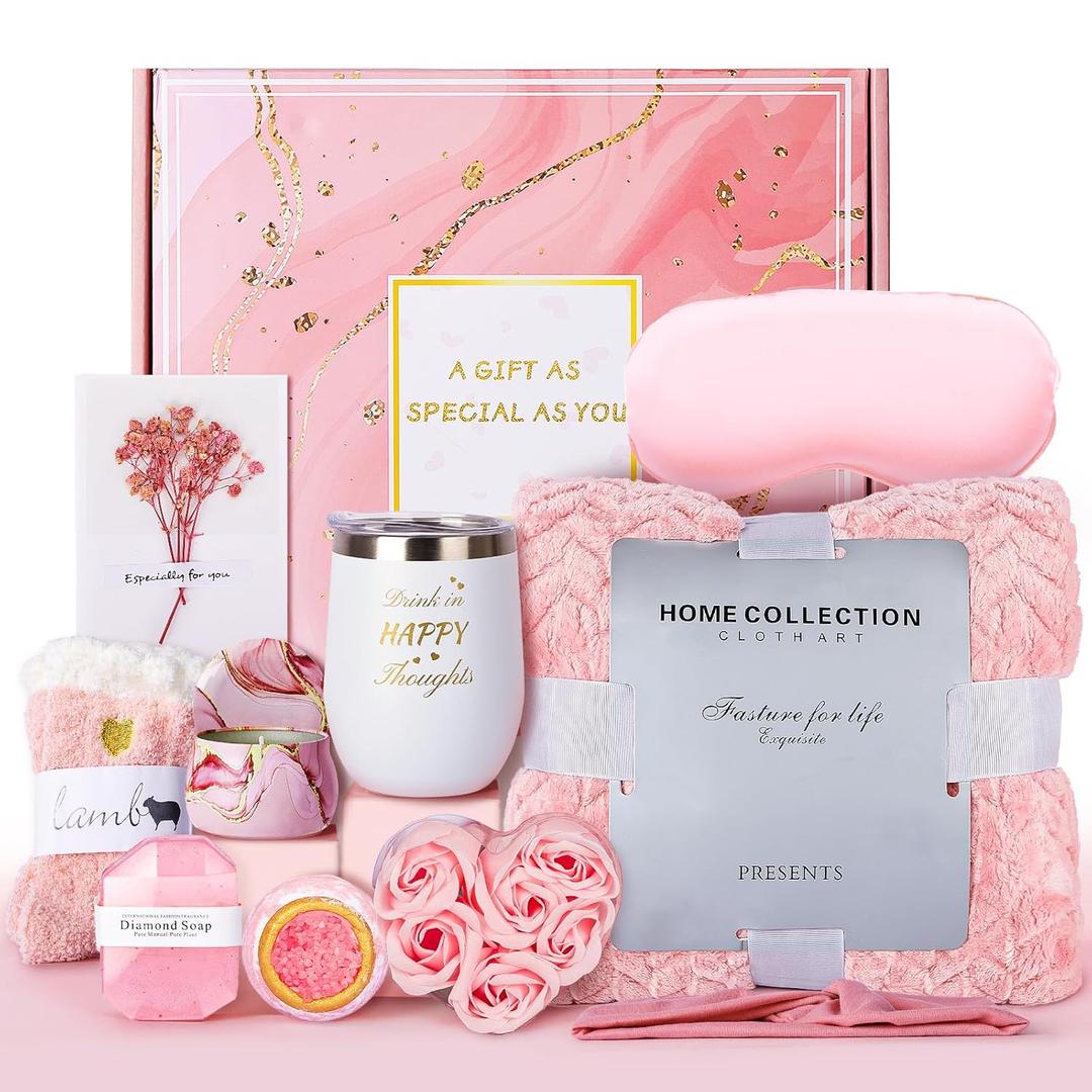 11-Piece Luxury Gift Set for Women - Birthday Gifts, Get Well Soon, Spa Self Care Package with Flannel Blanket, Scented Candle, Tumbler & More