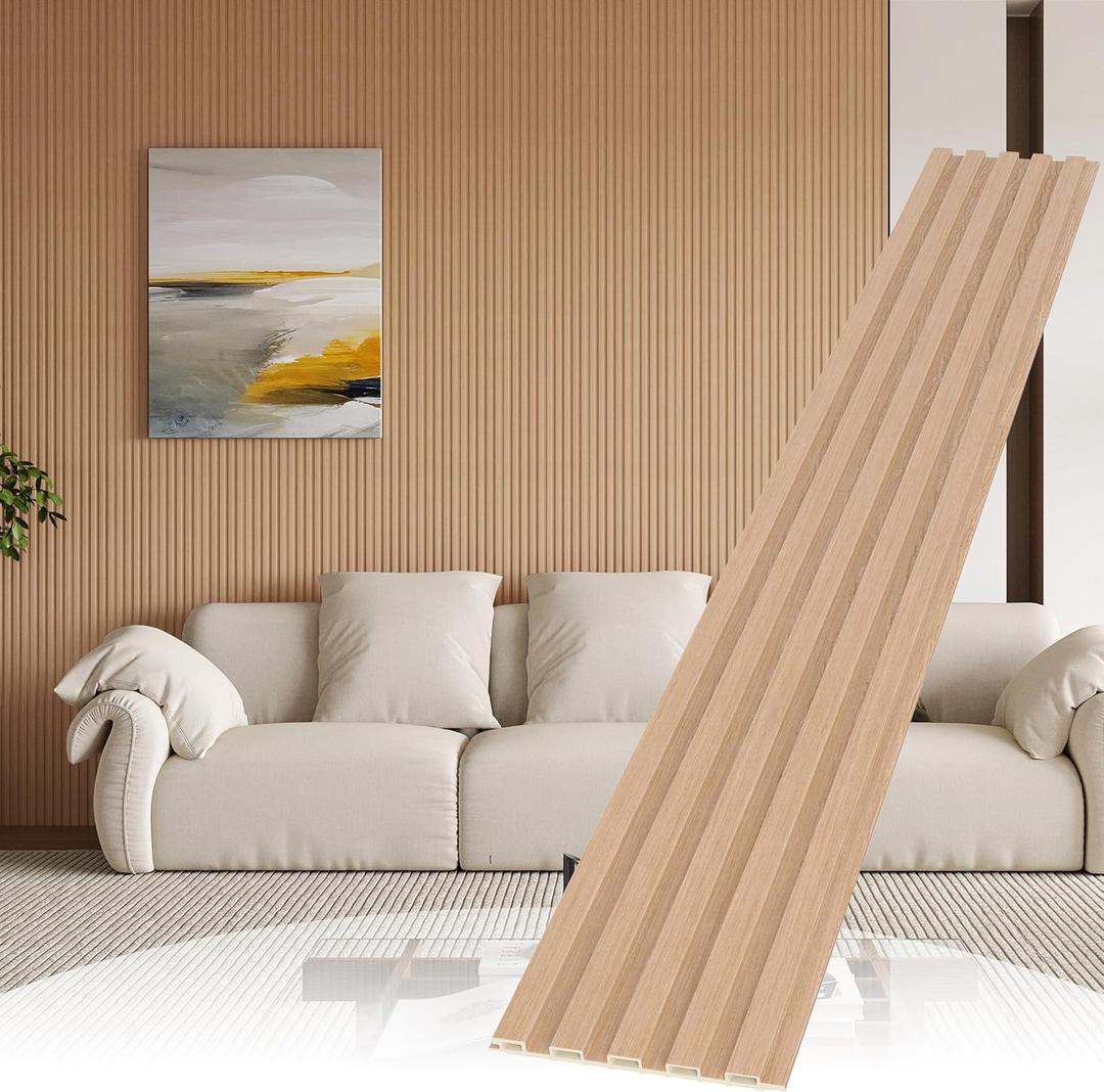 POHARE WPC Slat Wall Paneling,8-Pack 3D WPC Wood Wall Panels,Acoustic Wall Panels for Interior Wall Decor,Living Room,Bedroom,Oak,95 x 6 in