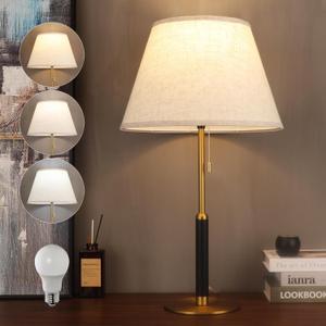 26.4" Mid Century Living Room Modern Table Lamp with Pull Chain Switch, Bedside Lamps for Bedroom 3-Color Light, Wood/Metal/Fabric Nightstand Lamp for Home/Office/Desk (Light Brown+Brass)