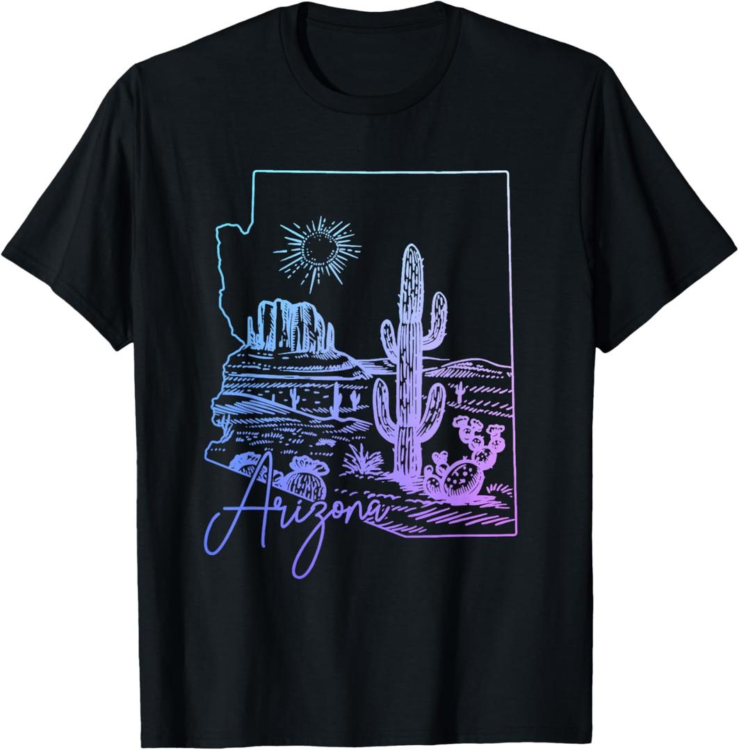 Arizona Cactus Vintage State Map T-Shirt, Medium 