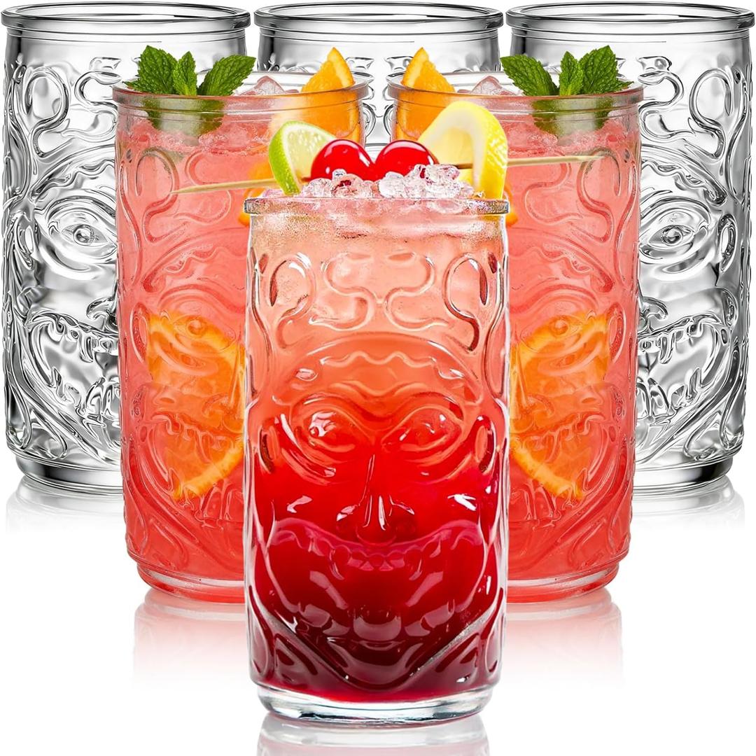 6 Pack Tiki Glasses, 18 OZ Clear Tiki Cocktail Cups, Exotic Tropical Shot Drink Mug, Old Fashioned Hawaiian Party Glasses, Mixed Drinking Tumbler for Tiki Bar, Lemonade, Ice Tea