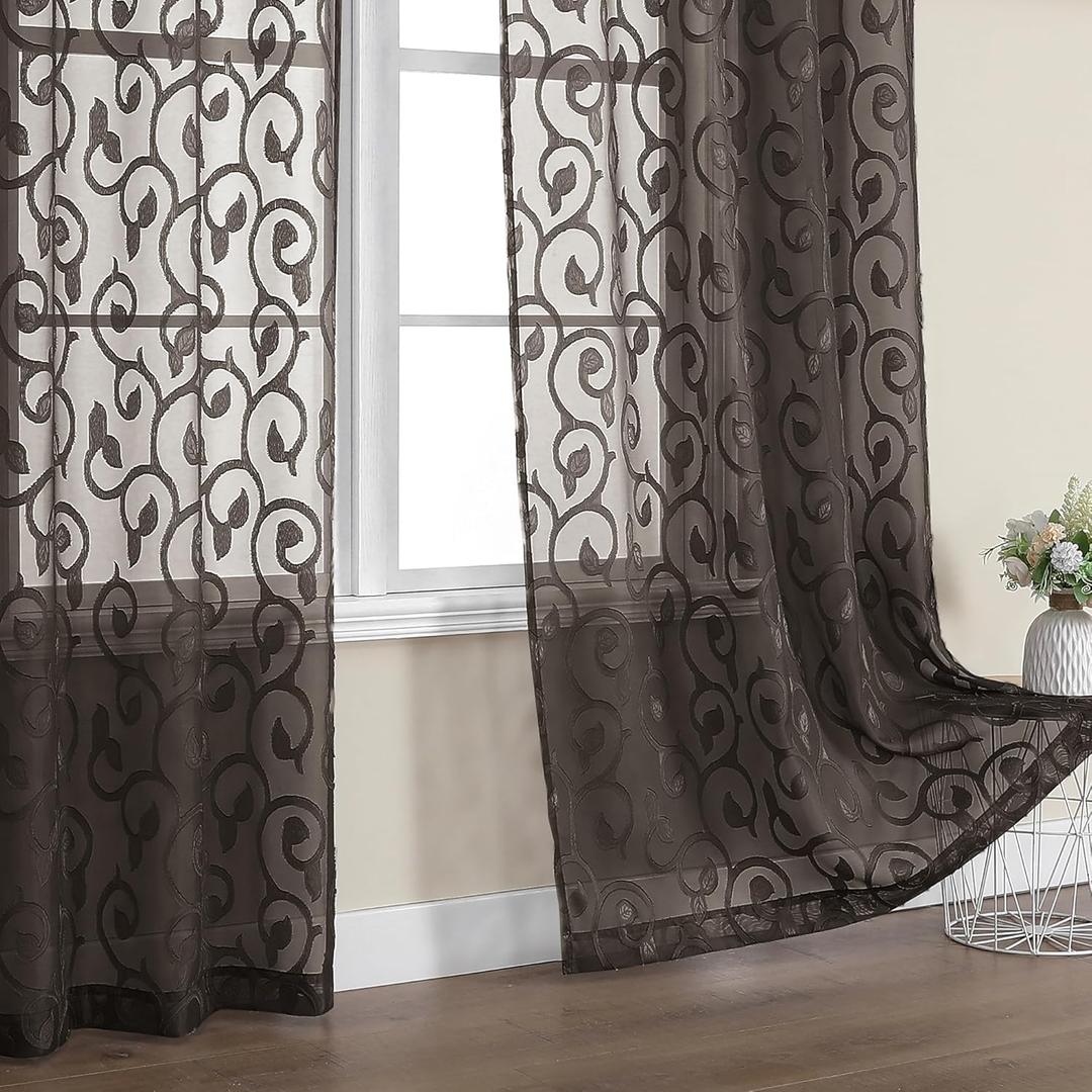 OWENIE Furman Chocolate Sheer Curtains 84 inches Long for Bedroom Living Room 2 Panels Set, Light Filtering Sheer Curtain with Elegant Clip Jacquard, Rod Pocket Window Treatments, 2 Pcs = 80" Width
