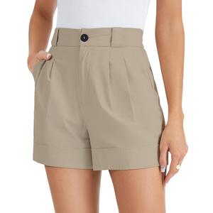 LUXEBOLD Womens Dress Shorts for Women Casual Elastic Waist Wide Leg Tailored Shorts Pleated Dressy Work Shorts with Pockets Apricot L (Beige, L)