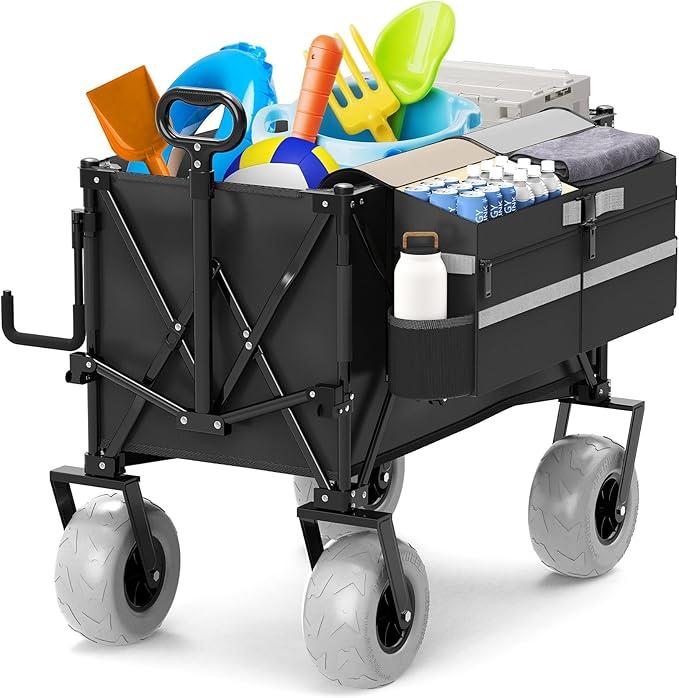 Beach Wagon with Big Wheels for Sand - 450lbs Load Heavy Duty Wagons Carts Foldable with 9" All Terrain Inflatable Tires, Collapsible Beach Cart for Grocery Shopping Garden Sports Camping Outdoor, Black