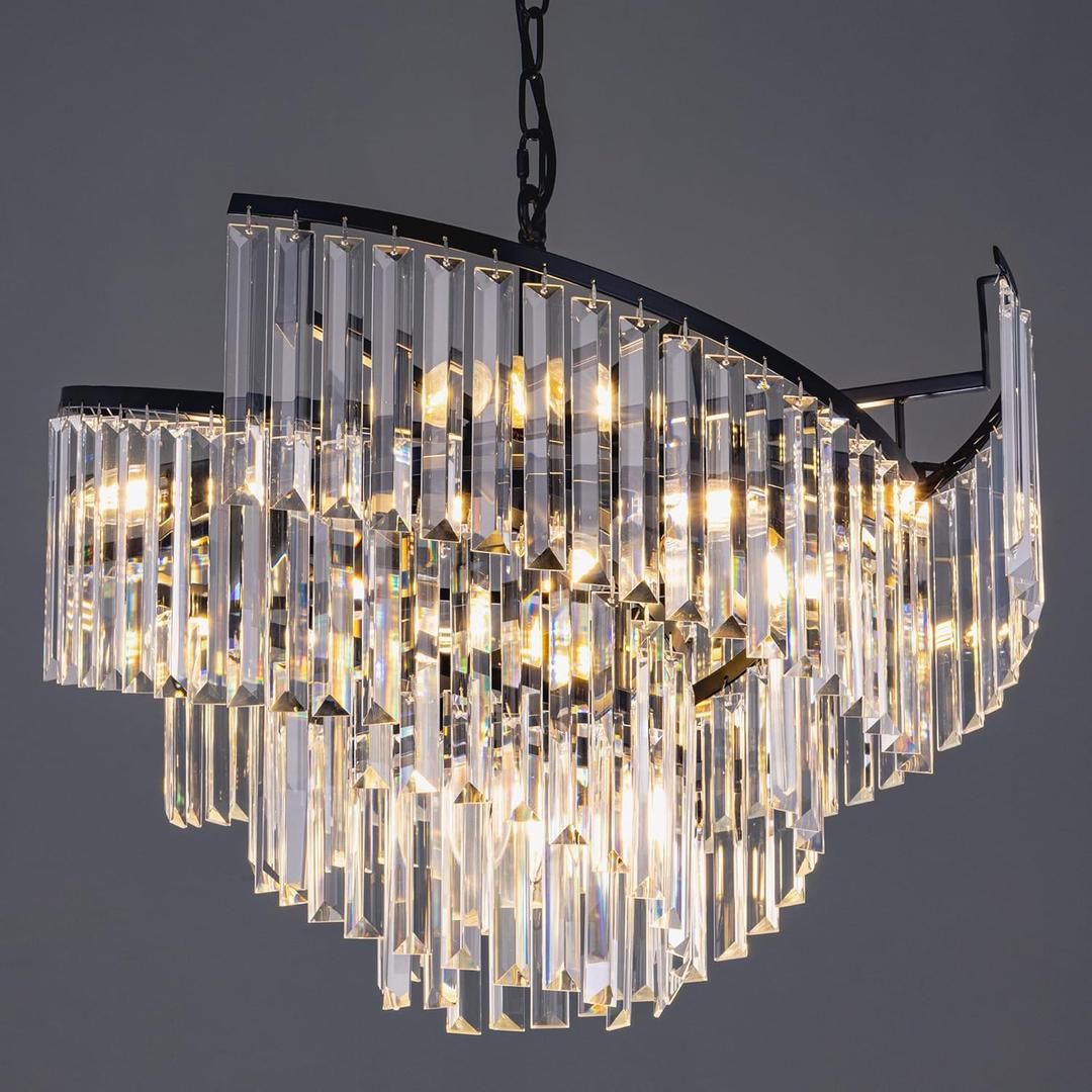 TOCHIC Modern Black Crystal Chandelier for Dining Room, 24" 7-Light Farmhouse Ceiling Light Fixture with Spiral Design, Pendant Light Fixtures for Living Room, Entryway, Foyer, Kitchen Island (23.8")